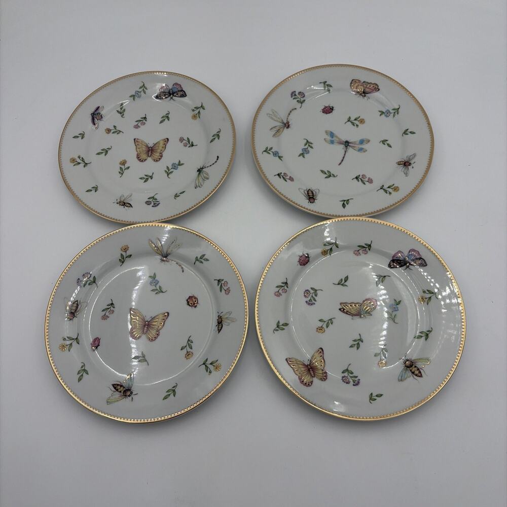 I. GODINGER “Primavera” 9783 Set o 4-8" Dessert Dragonfly/ Butterfly/Ladybug/Bee